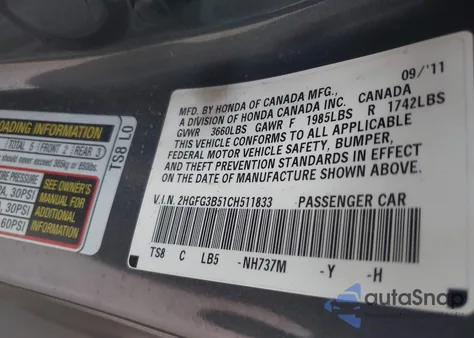 2012 Honda Civic Lx from USA, damaged, VIN 2HGFG3B51CH511833